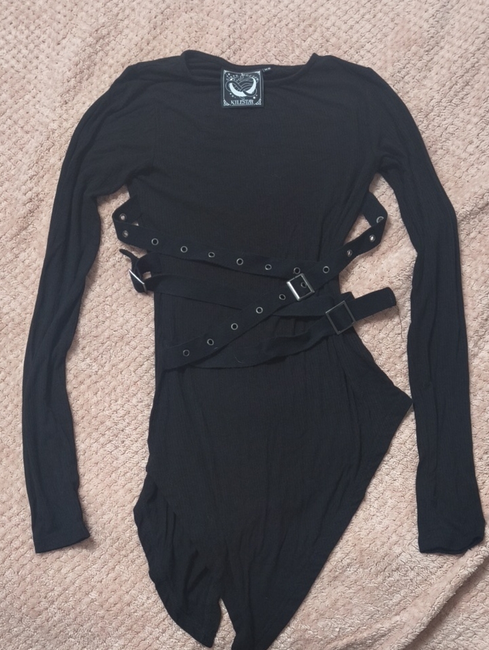 Killstar Black Ribbed Long Sleeve Bodysuit with Graphic Neck Label